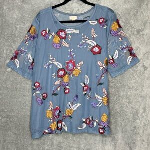 Logo Lavish XL Shirt Top Blue Floral Flower Short Sleeve Scoop Neck Embroidered